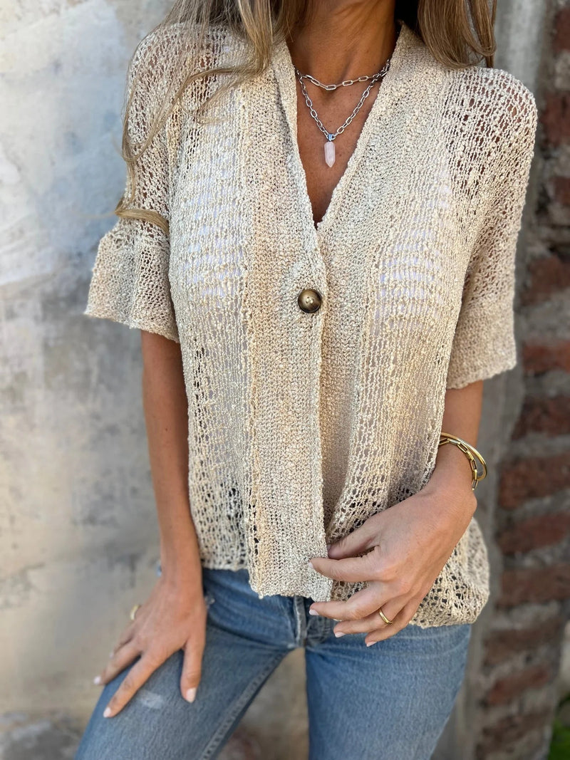 One Button Half Sleeve Hollow Out Knitted Cardigan Top