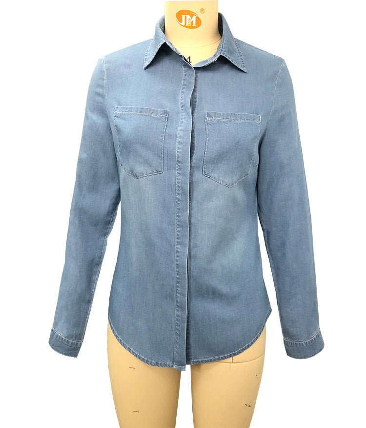 Lapel Denim Shirt Washed Retro Slim Top