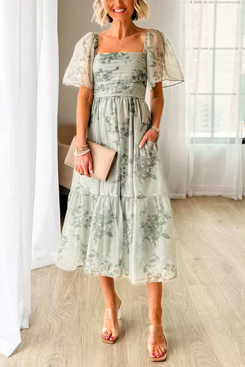 Amsoin Square Neck Short Sleeve Ruched Floral Midi Dress