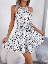 Halter Neck Printed Tie Waist Sleeveless Mini Dress BLUE ZONE PLANET