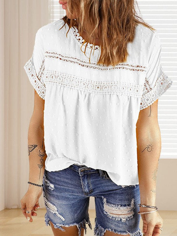 Solid Color Short Sleeve Lace Chiffon Top