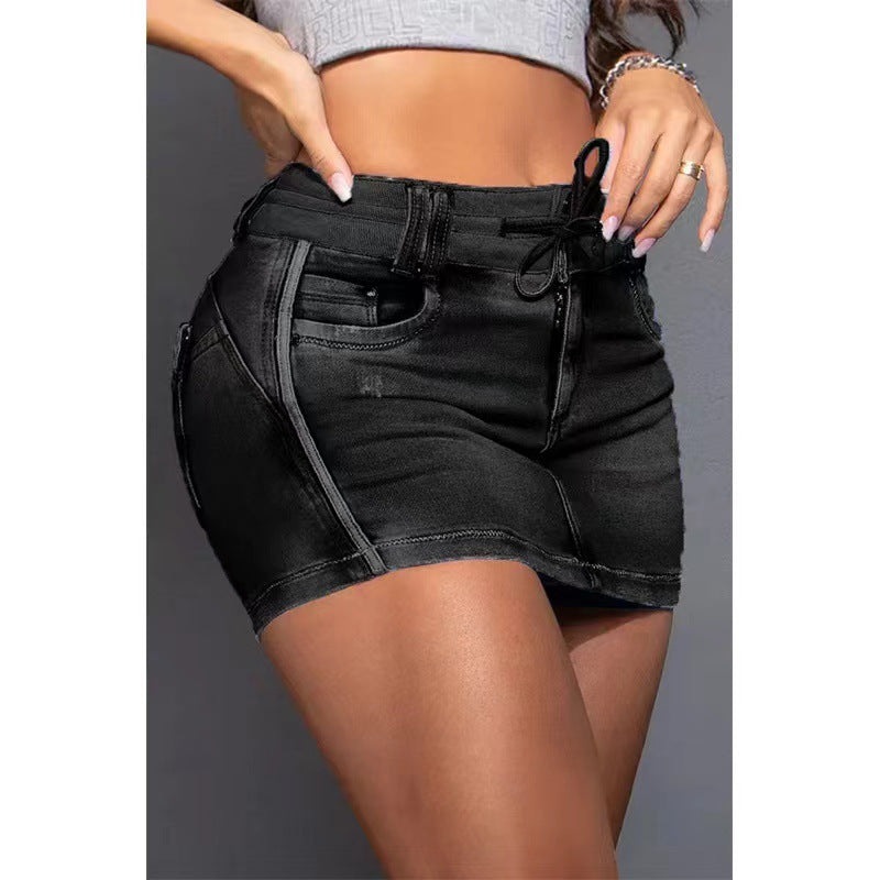 Amsoin Contrast Binding Ripped Drawstring Denim Skorts