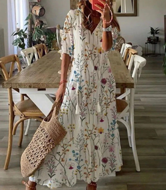 Amsoin Loose Bohemian Printed V-neck Maxi Dress