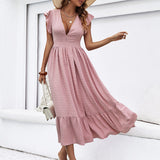 Amsoin Dot Butterfly Sleeve Ruffle Hem Dress