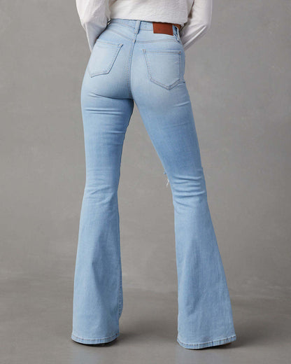 Amsoin Women's Washed Ripped High-waisted wide-leg Jeans