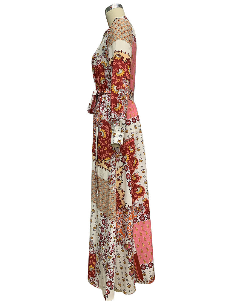 Amsoin Floral Geometric Print Single Breasted Lace Up Pocket Maxi Dress