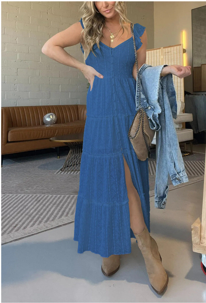 Amsoin V-neck Lace Ruffle Strap Long Dress