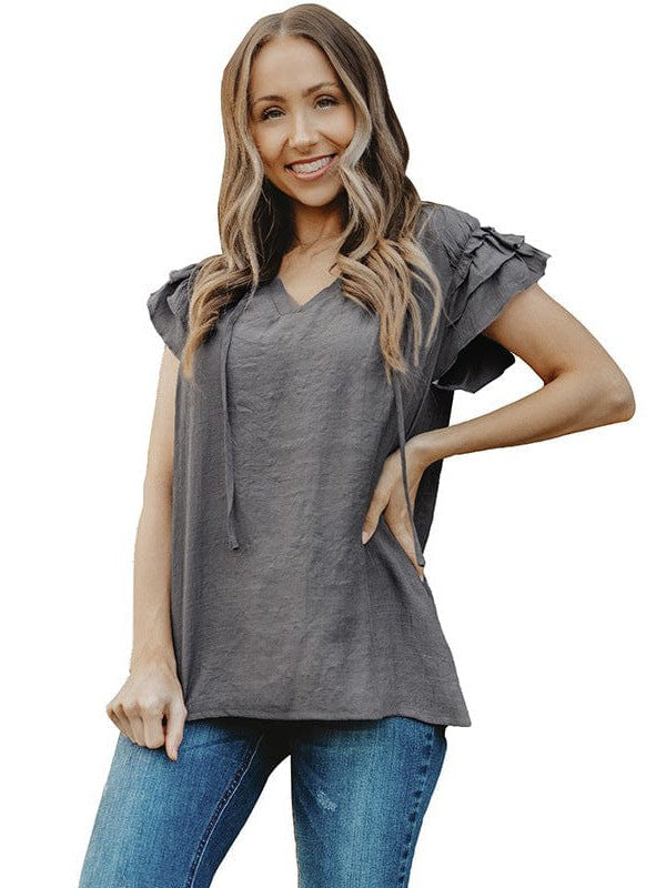 V-Neck Puff Sleeve Cotton Blend Top with Short Sleeves