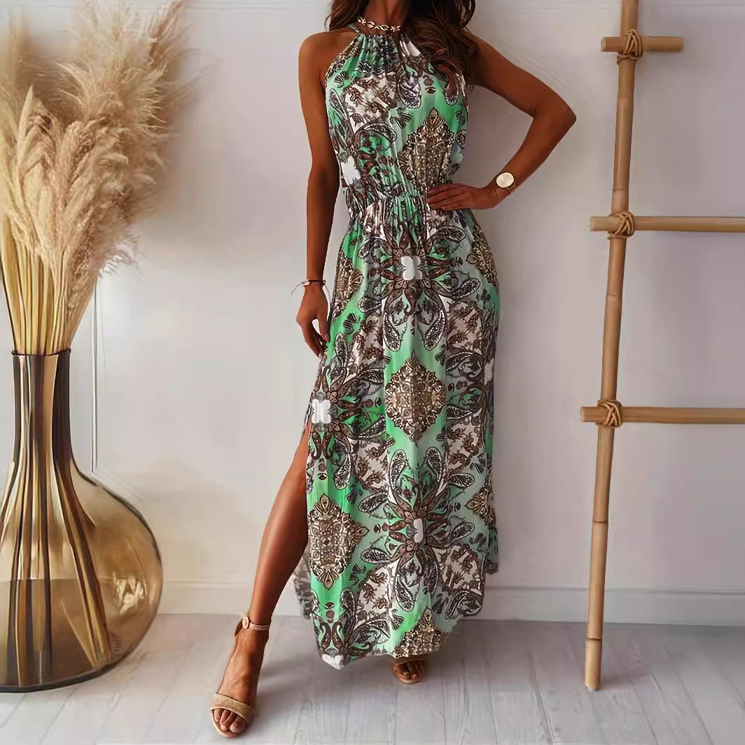 Amsoin Printed Halter Neck Waist Slit Dress