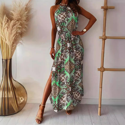 Amsoin Printed Halter Neck Waist Slit Dress