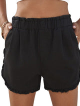 Women's High Waist Denim Shorts with Elastic Waistband and Fringed Details