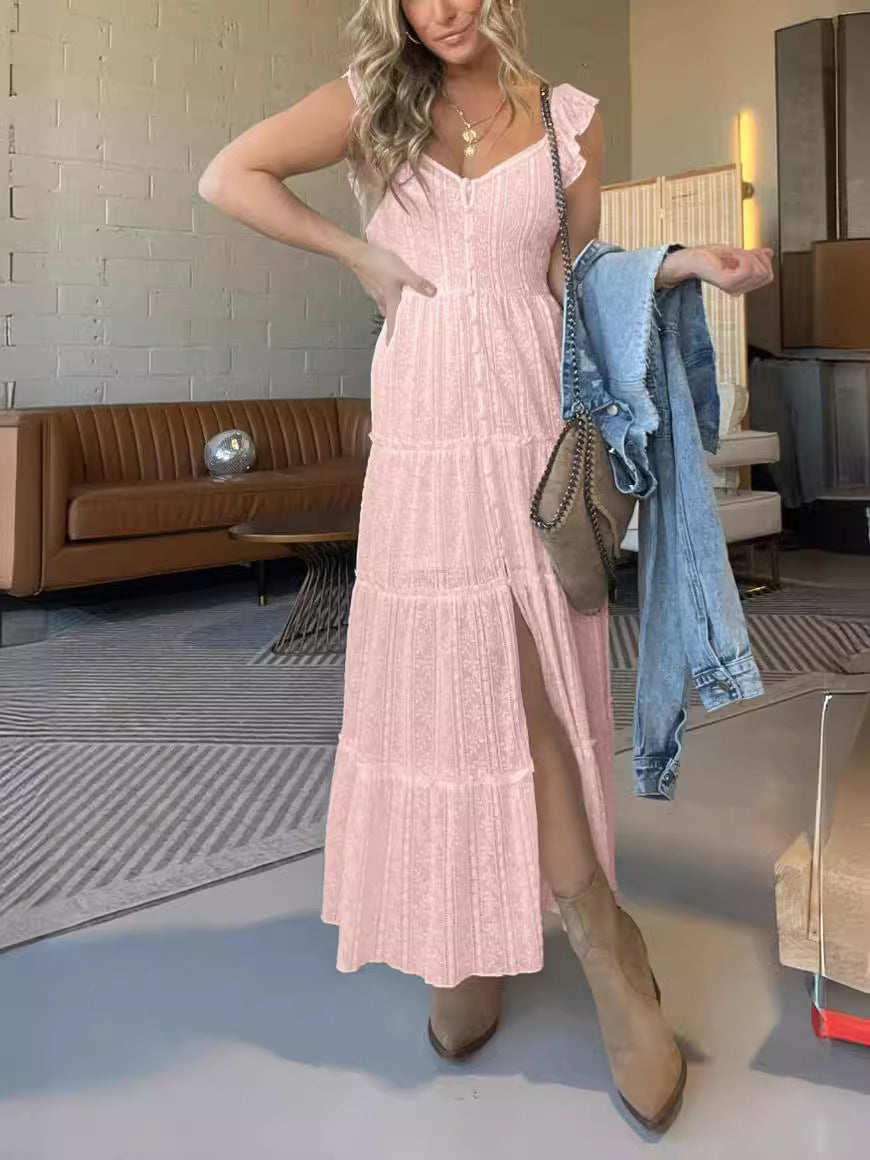 Amsoin V-neck Lace Ruffle Strap Long Dress