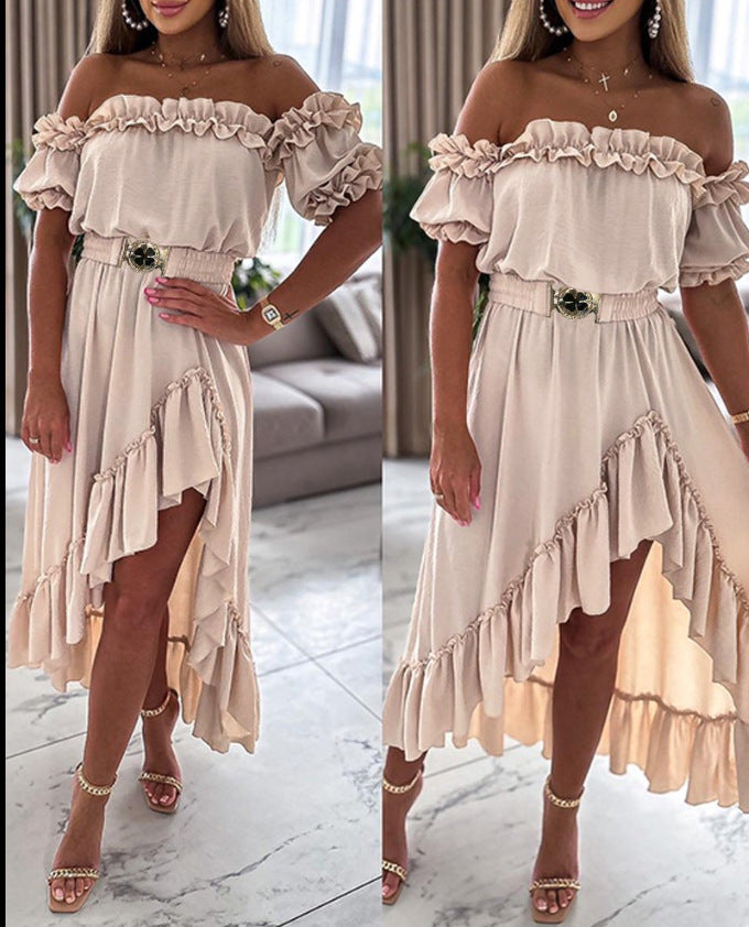 Amsoin Ruffle Frill Hem Asymmetrical Maxi Dress