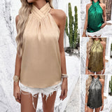 Women's Temperament Pure Color Sleeveless Collar Pleated Top