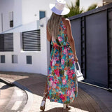 Amsoin Printed Halter Neck Waist Slit Dress