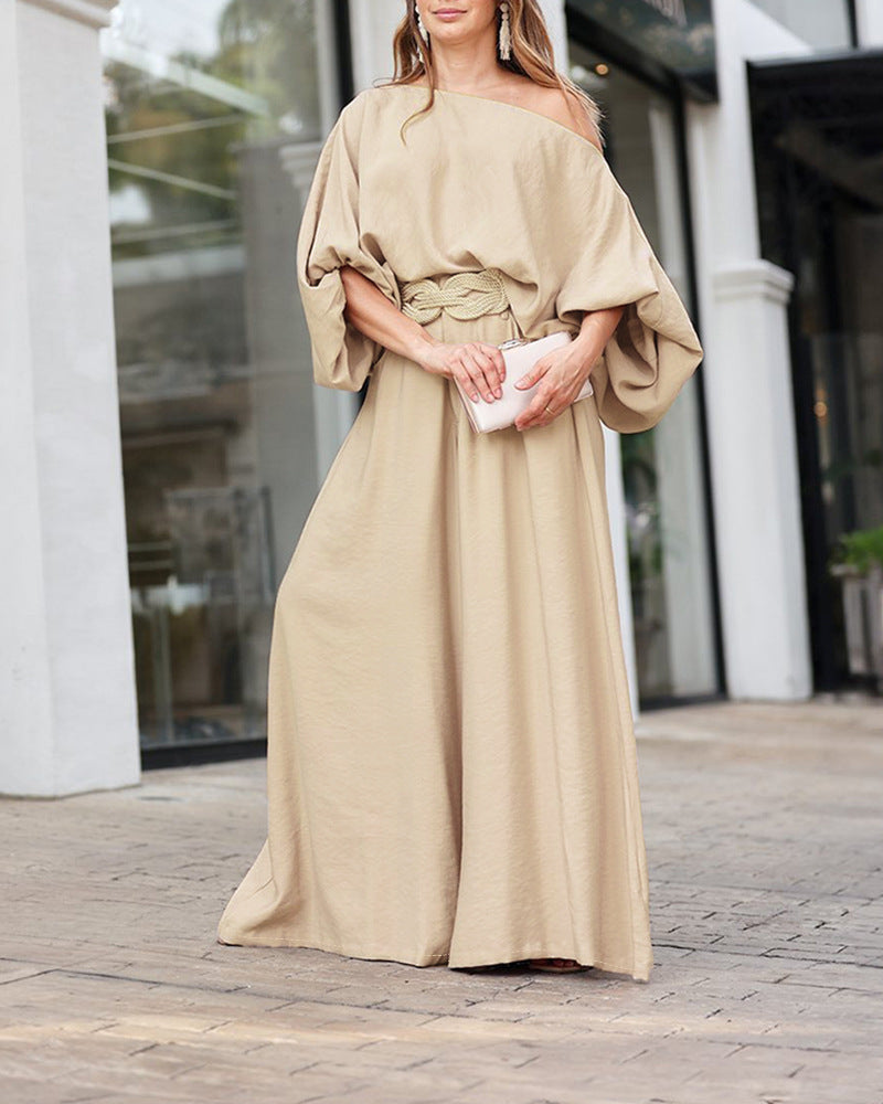 Amsoin Skew Neck Lantern Sleeve Top & Wide Leg Pants Set