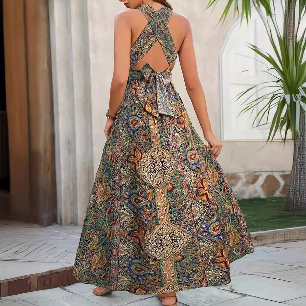 Women's Graceful And Fashionable High Waist Bohemian Backless Dress