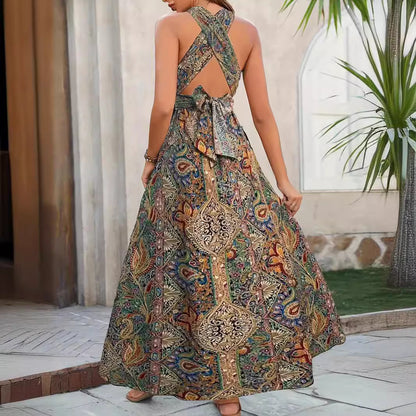 Women's Graceful And Fashionable High Waist Bohemian Backless Dress