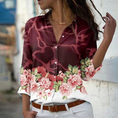 Fashion Printing Lapel Long Sleeve Shirt For Women