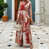 Amsoin Floral Geometric Print Single Breasted Lace Up Pocket Maxi Dress