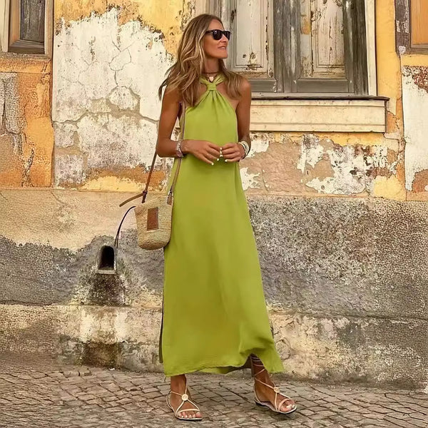 Solid Color Long Dress Neckline Knotted Suspenders Dress