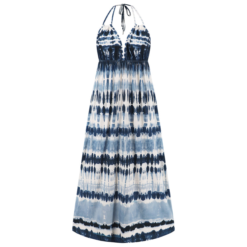 Amsoin Sexy Slim Tie Dye Strap Backless Printed Skirt Bohemian Beach Long Skirt