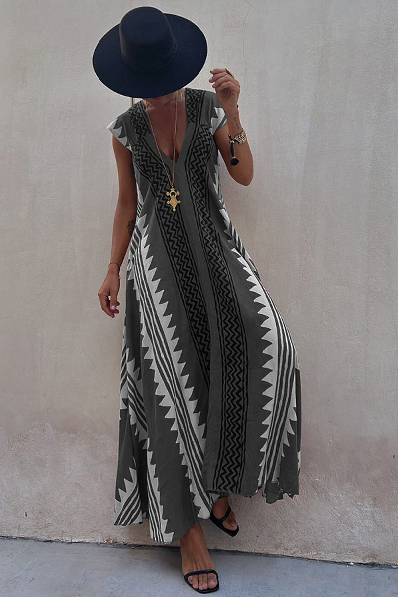 Amsoin V Neck Short Sleeve Color Block Printed  Maxi Swing Dress