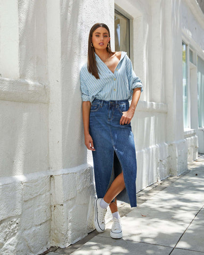 Amsoin High Waist Washed Denim Slit Midi Pencil Skirt