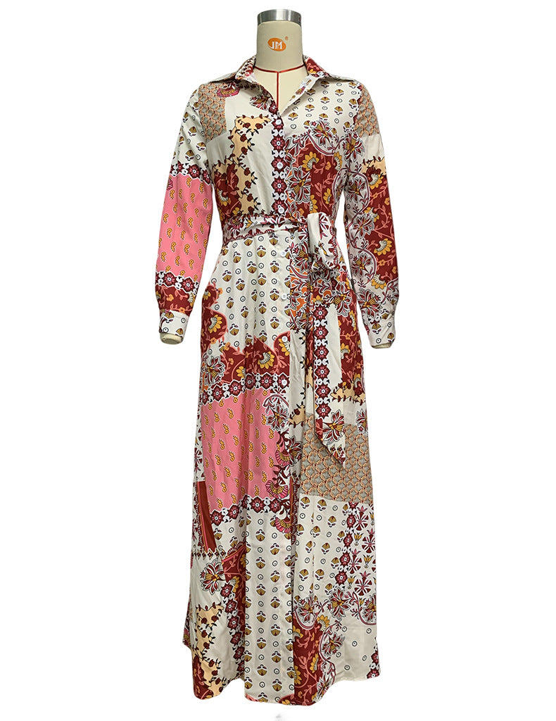 Amsoin Floral Geometric Print Single Breasted Lace Up Pocket Maxi Dress