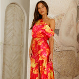 Amsoin One Shoulder Tie Waist Slit Floral Print Maxi Dress