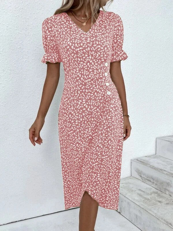 Amsoin Geometric Puff Sleeves Irregular Dress