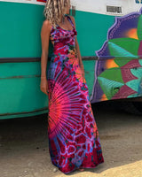 Amsoin Criss Cross Backless Tie Dye Maxi Cami Dress