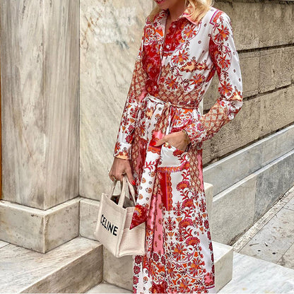 Amsoin Floral Geometric Print Single Breasted Lace Up Pocket Maxi Dress