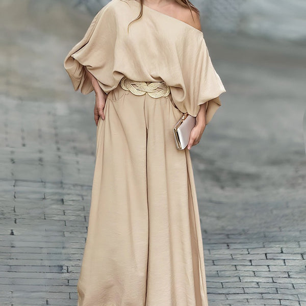 Amsoin Skew Neck Lantern Sleeve Top & Wide Leg Pants Set