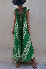 Amsoin V Neck Short Sleeve Color Block Printed  Maxi Swing Dress