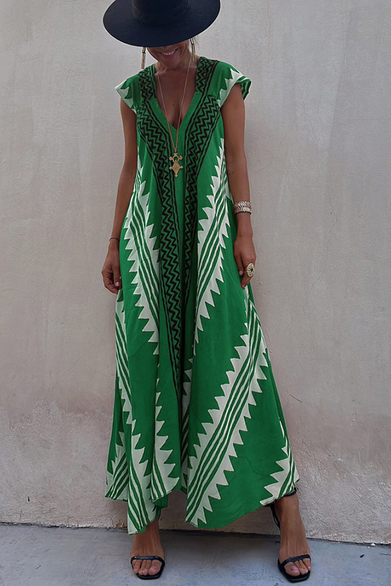 Amsoin V Neck Short Sleeve Color Block Printed  Maxi Swing Dress