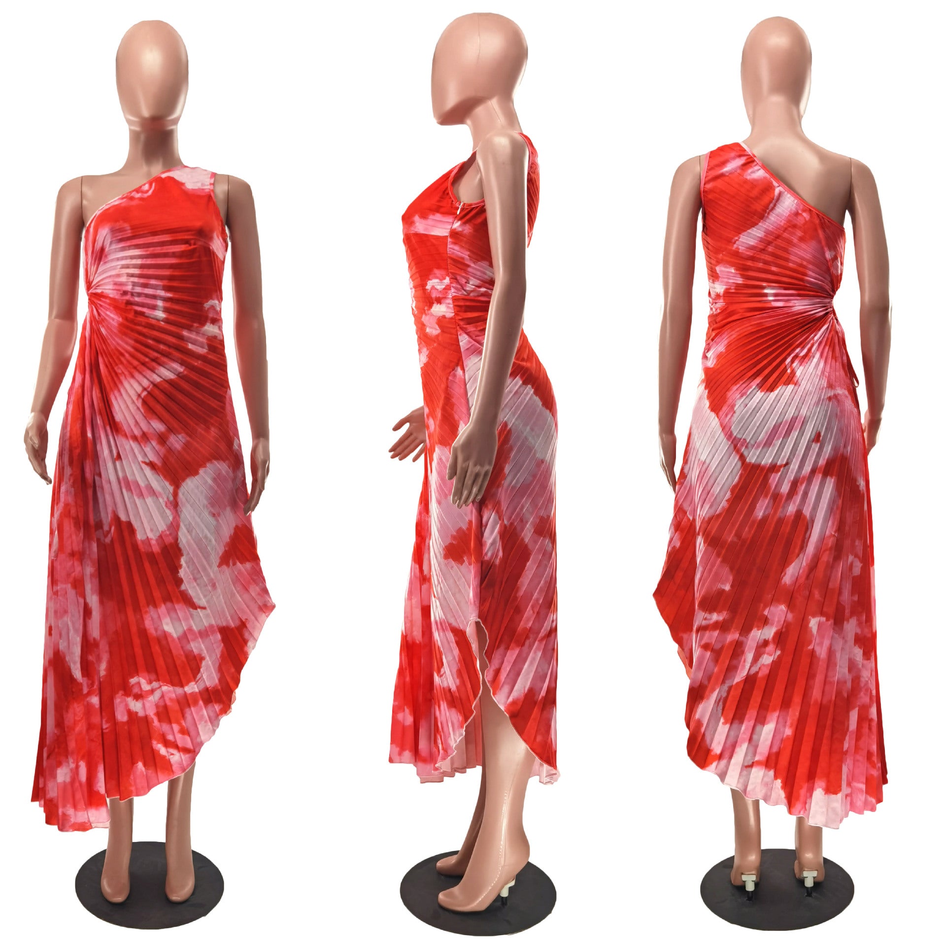 One Shoulder Sleeveless Print Asymmetric Maxi Pleated Dress