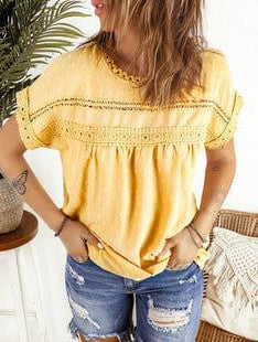 V-Neck Puff Sleeve Cotton Blend Top with Short Sleeves