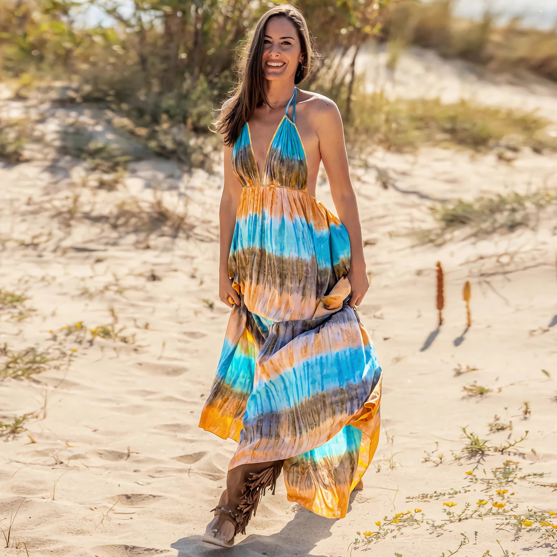 Amsoin Sexy Slim Tie Dye Strap Backless Printed Skirt Bohemian Beach Long Skirt