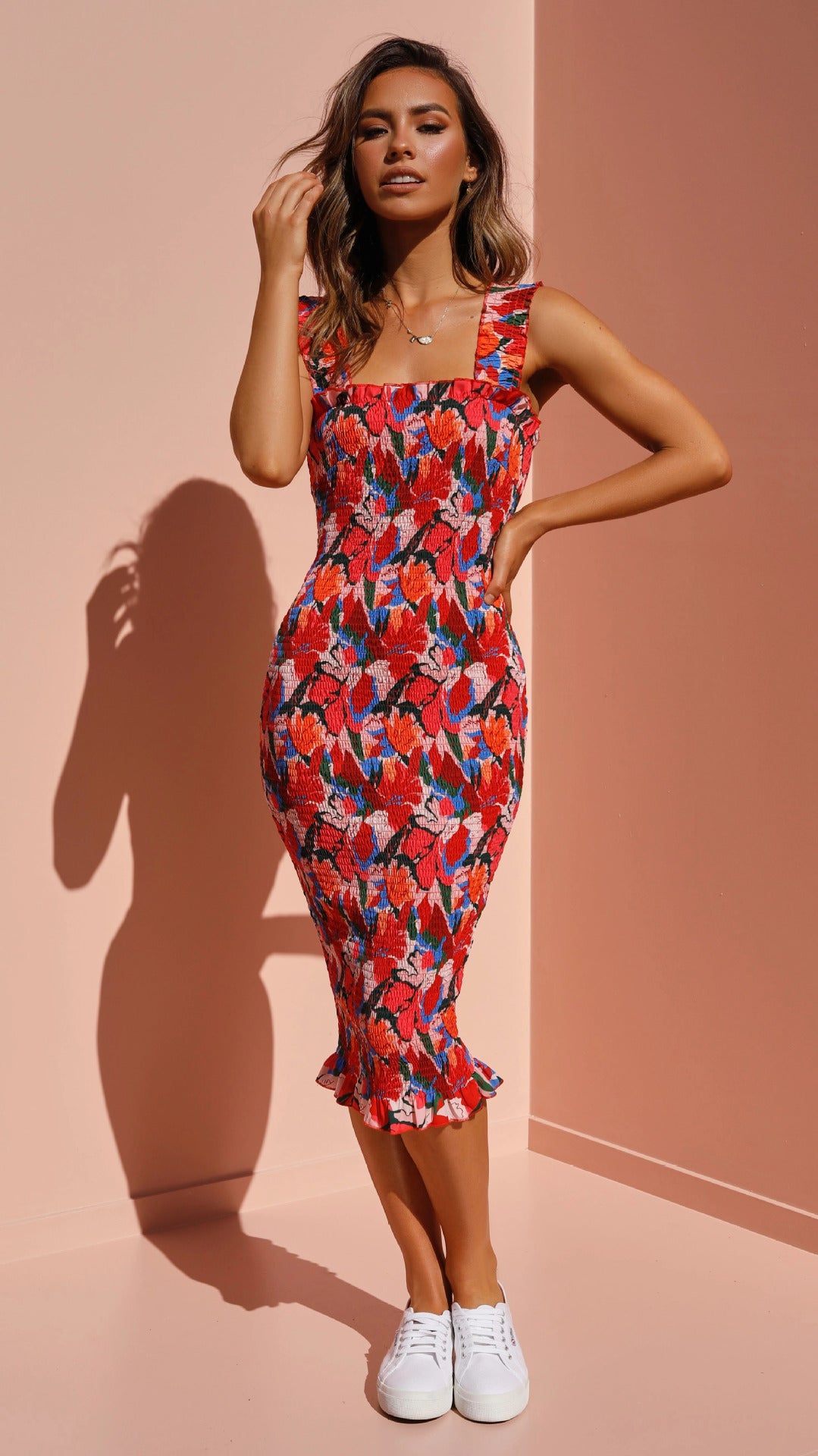 Amsoin Sexy Printed Floral Red Bodycon Dresses