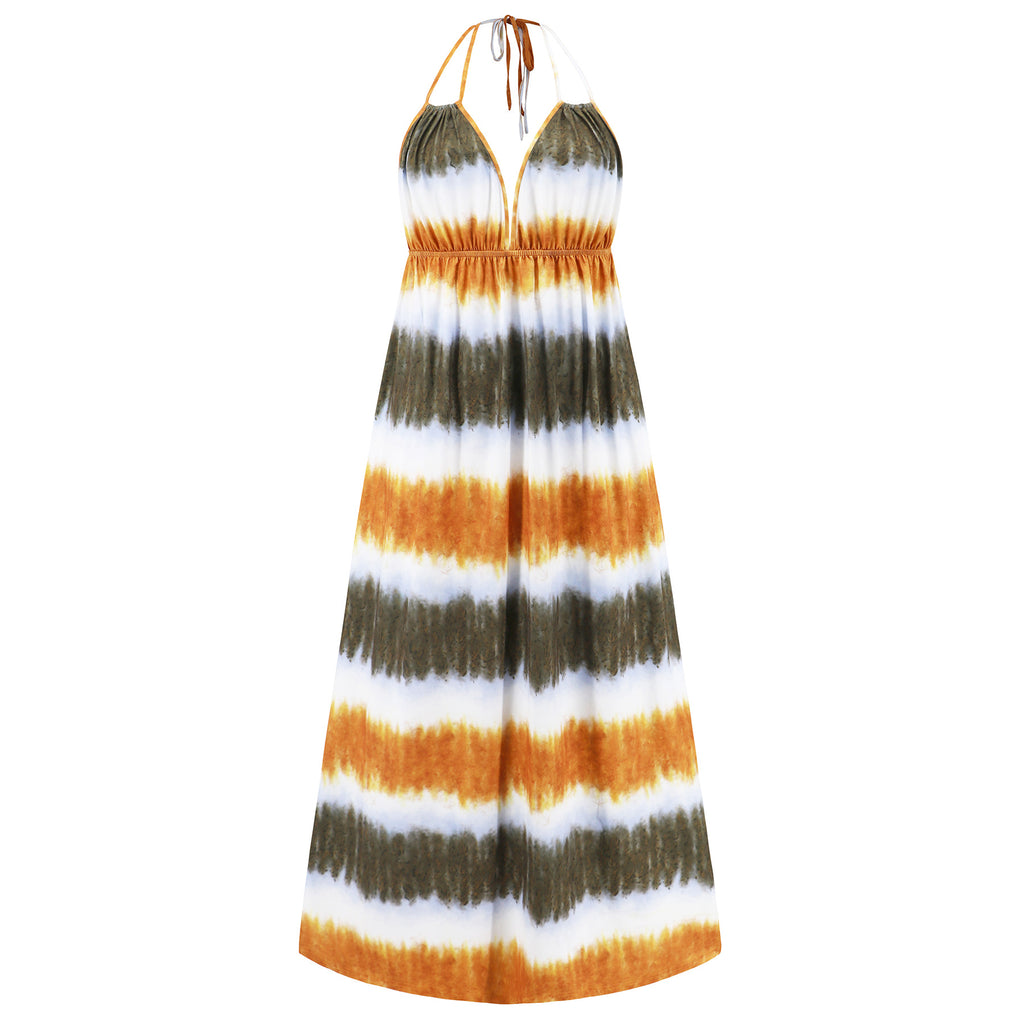 Amsoin Sexy Slim Tie Dye Strap Backless Printed Skirt Bohemian Beach Long Skirt