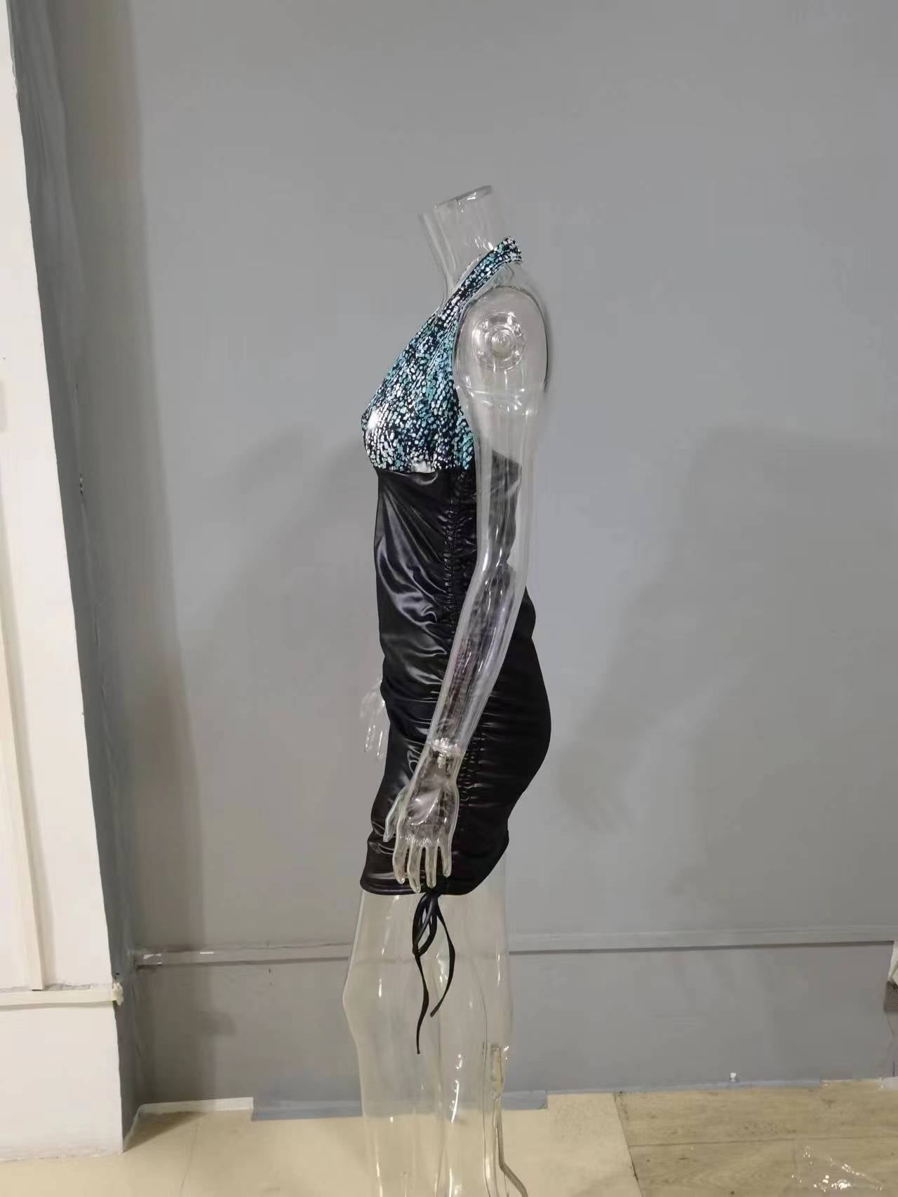 Amsoin Printed Splice Side Drawstring Faux Leather Sleeveless Dress