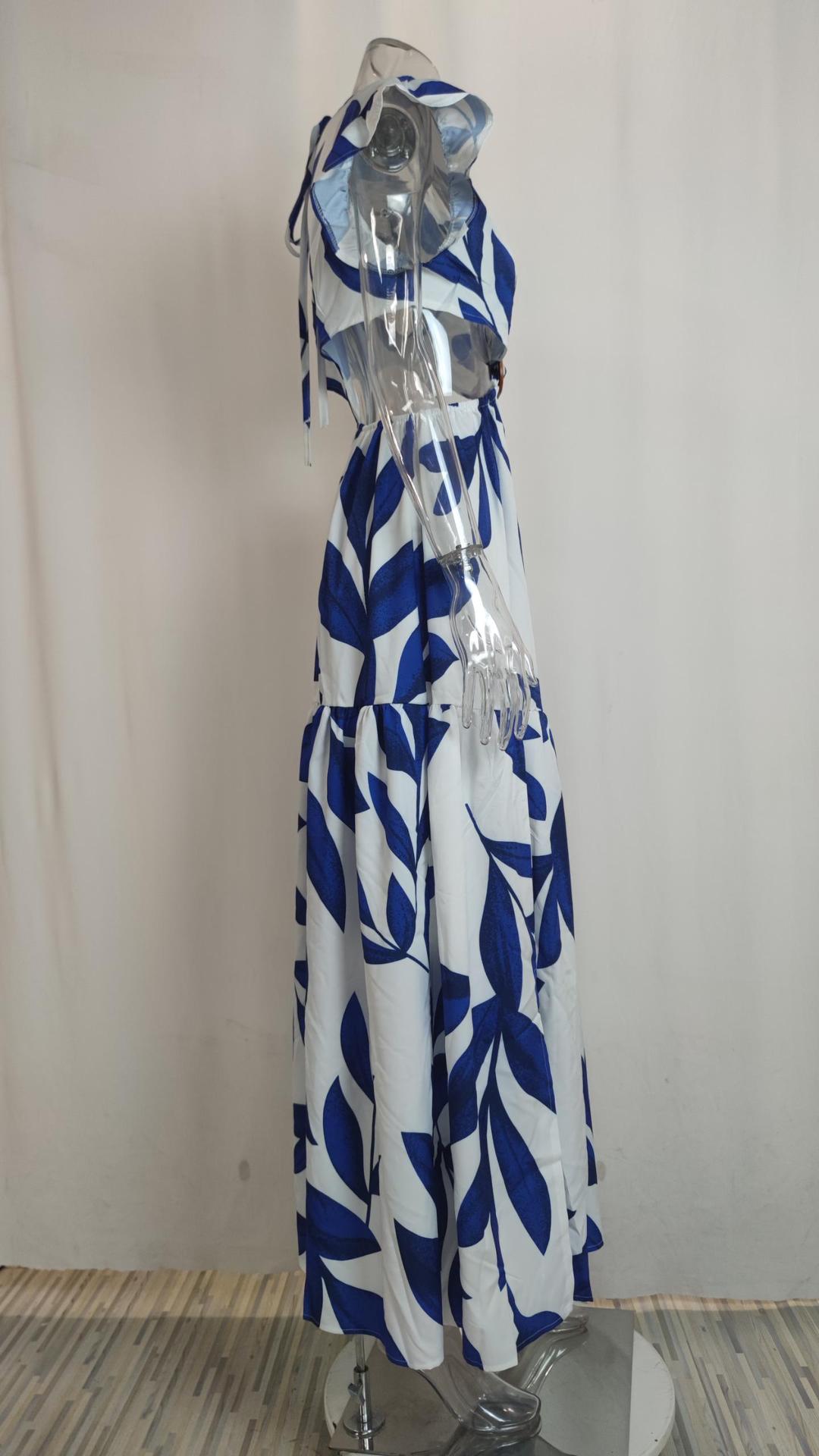 Amsoin Printed V-neck Puff Sleeve Long Sexy Waistless Dress