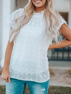 V-Neck Puff Sleeve Cotton Blend Top with Short Sleeves