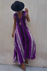 Amsoin V Neck Short Sleeve Color Block Printed  Maxi Swing Dress
