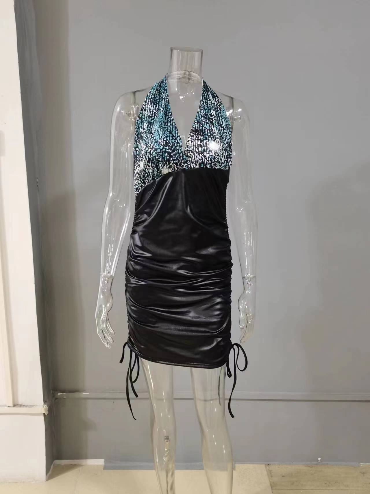 Amsoin Printed Splice Side Drawstring Faux Leather Sleeveless Dress