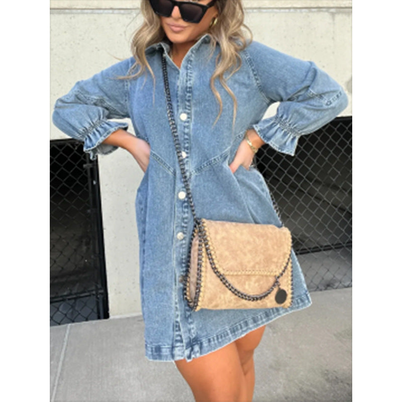 Women's Fashion Loose Washed-out Shirt Denim Skirt