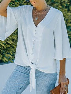 V-Neck Puff Sleeve Cotton Blend Top with Short Sleeves