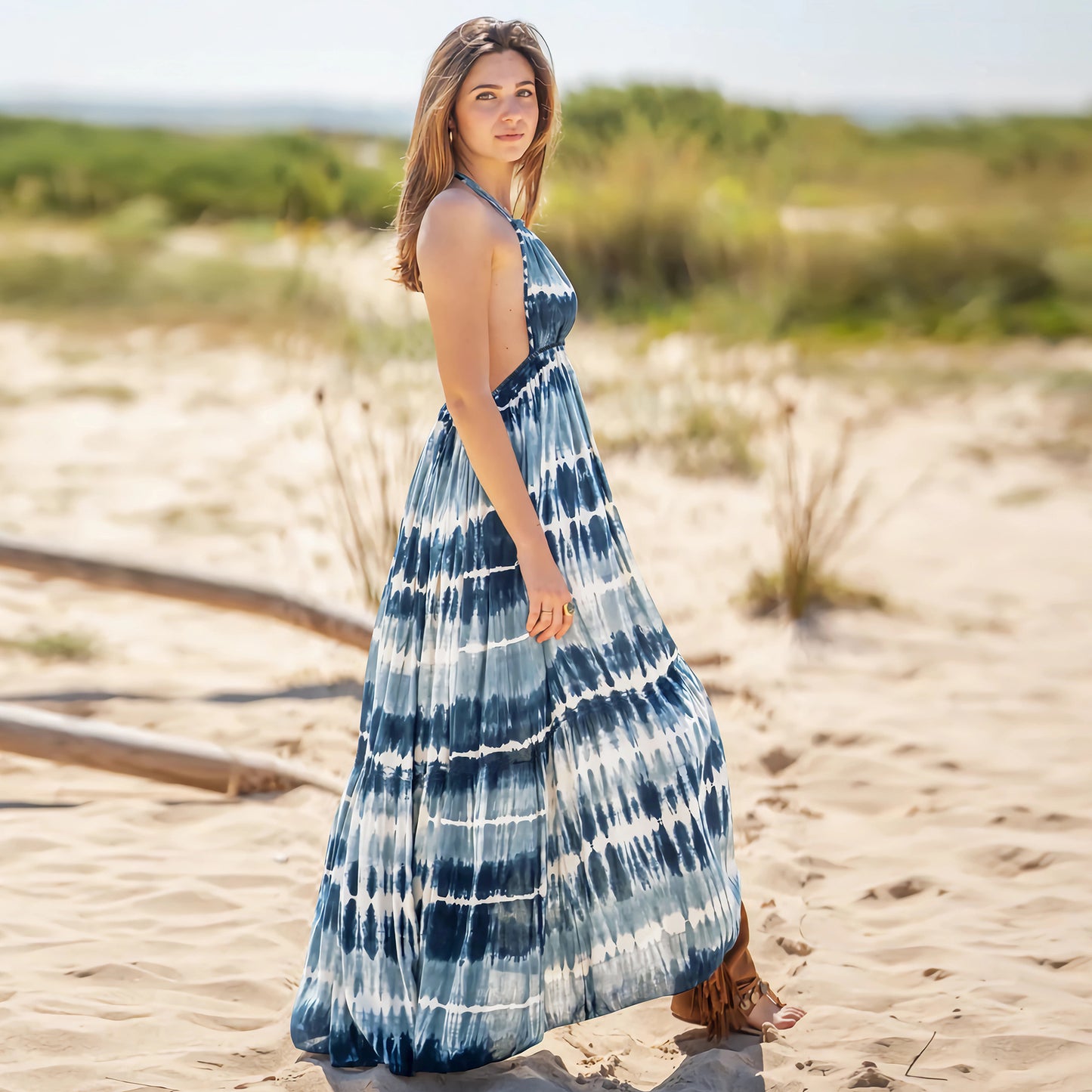 Amsoin Sexy Slim Tie Dye Strap Backless Printed Skirt Bohemian Beach Long Skirt