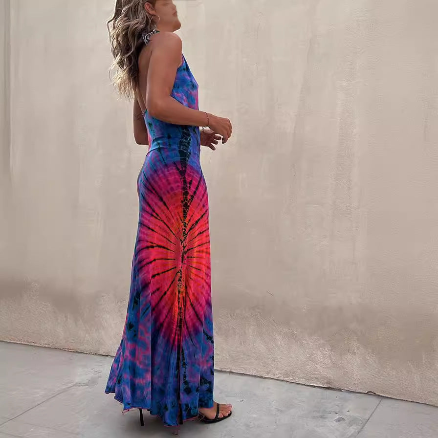 Amsoin Cross V Neck Sleeveless Tie Dye Maxi Holiday Dress